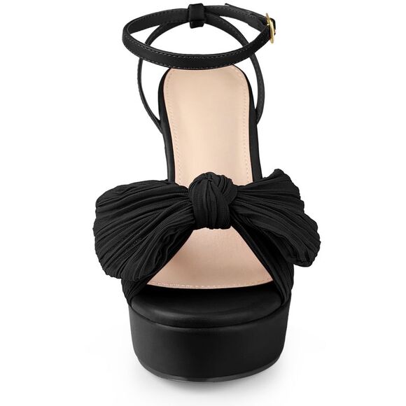 Women's Platform Pleated Bow Slingback Block High Heel Sandals Black - Picture 2 of 6